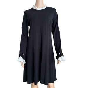 CeCe Black Knit White Ruffle Long  Sleeve Dress